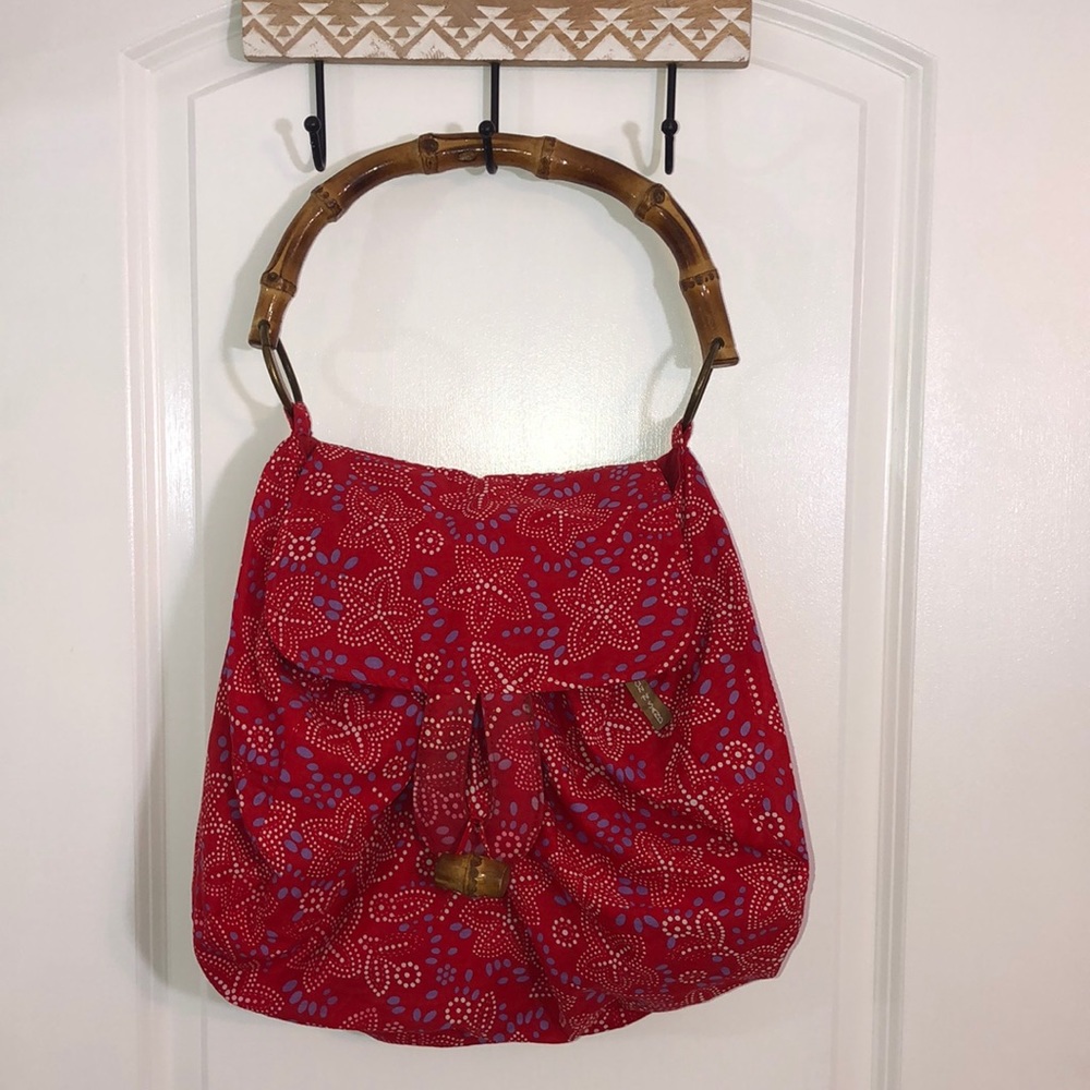 Sand and Sun red white starfish tropical print fabric bad wooden handle
